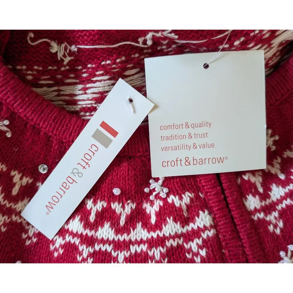Croft & Barrow Cardigan Sweater Petite Large Red Fair Isle Snowflake Beaded NEW
